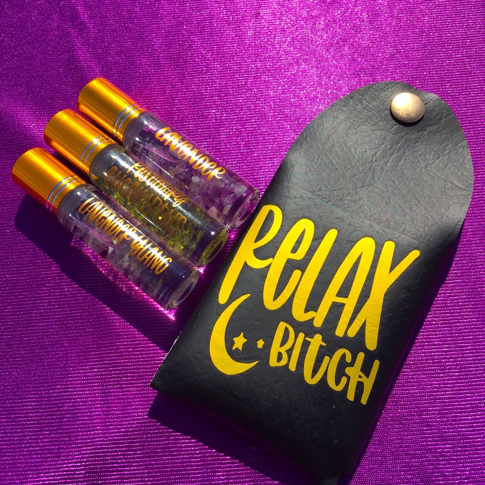 Relax Bitch 3 pack of Essential Oil blends with energy charged crystals and case